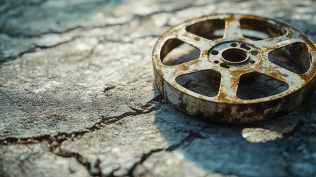 Capturing an old rusty film reel resting on cracked ground, this image evokes nostalgia and represents the decline of cinema in an abandoned setting, highlighting forgotten stories.の素材