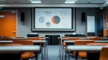 An overview of a modern conference room featuring empty chairs, a presentation screen with business visuals, and a professional interior design, ideal for meetings and training sessions.の素材