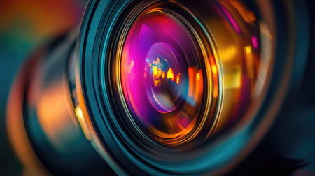 Explore the intricate details of a camera lens with vibrant reflections and beautiful bokeh, showcasing the art and precision behind photography gear in a captivating close-up.の素材