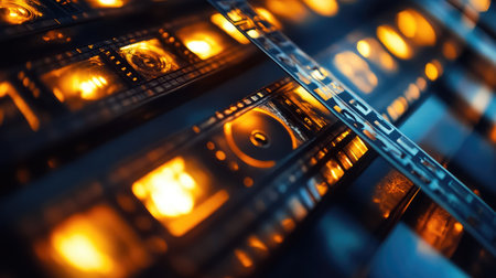 A captivating close-up view of vintage film strips illuminated by warm orange light, showcasing the intricate details and textures of cinematic history and artistic expression.の素材