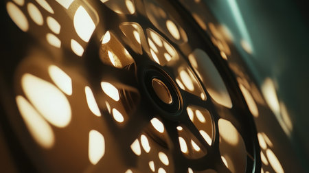 This captivating close-up image showcases a decorative film reel with intricate cut-out patterns, creating beautiful shadows and light play, perfect for cinema-themed projects and creative inspirations.の素材