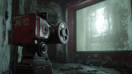 Explore a hauntingly beautiful image of a vintage film projector set against a decaying backdrop, where light flickers and shadows dance on the walls, evoking memories of forgotten stories.の素材