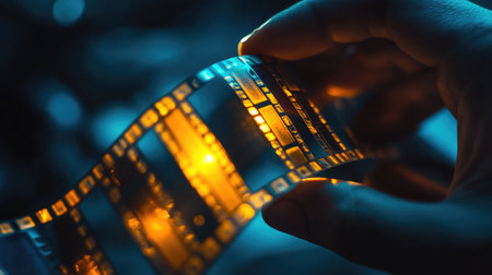 A captivating close-up of a hand gracefully holding a vintage film strip, illuminated by warm orange light amidst a serene blue background, evoking cinematic nostalgia.の素材