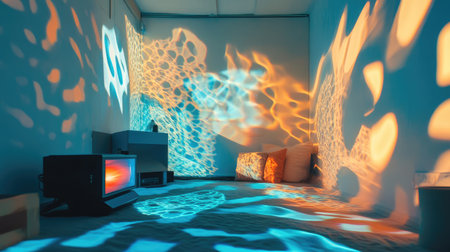Explore a serene room filled with vibrant light projections that create an enchanting atmosphere, complemented by cozy pillows and vintage technology for a unique aesthetic.の素材