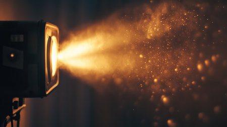 An enchanting light beam emanates from a vintage projector, illuminating dust particles and creating a captivating ambiance in a dimly lit setting. Perfect for artistic visuals.の素材