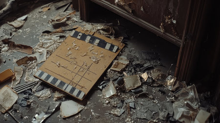 An artistic capture of an abandoned space, featuring scattered glass shards and a film clapperboard, evoking feelings of nostalgia and loss in a forgotten environment.の素材
