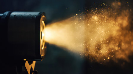 A captivating vintage spotlight illuminates a cloud of dust particles, creating enchanting rays of light that enhance the atmosphere in a darkened space. A perfect visual for artistic themes.の素材