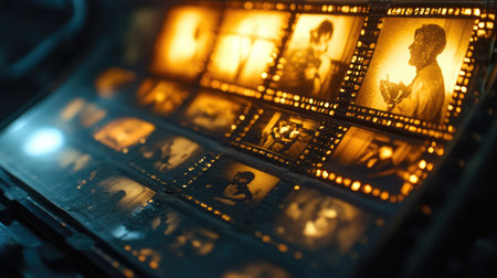 Explore the intricate beauty of vintage film negatives illuminated with warm light, highlighting a fascinating collection of classic photography and artistic moments captured on film.の素材