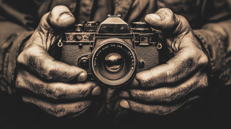 A vintage camera is held in weathered hands, embodying the passion for photography and the art of capturing timeless moments with an antique feel.の素材