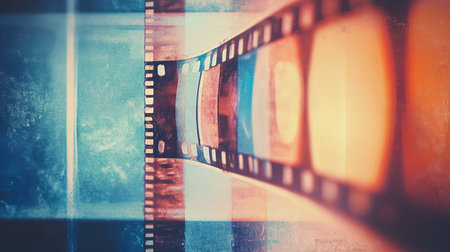 This abstract image features a film strip with captivating light effects, colorful textures, and a vintage feel, evoking a creative atmosphere suitable for artistic projects.の素材
