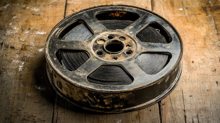 Explore the charm of a vintage film reel, featuring intricate details and a rich history, resting on a rustic wooden surface that evokes nostalgia and the art of filmmaking.の素材
