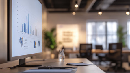 Modern office setting showcasing a desktop computer with detailed graphs, emphasizing data analysis and professional atmosphere, ideal for business presentations and strategic planning.の素材