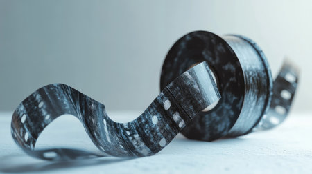 Close-up of a vintage film reel with an unwound strip of classic film, emphasizing the artistry and texture, evoking nostalgia and the history of cinema.の素材