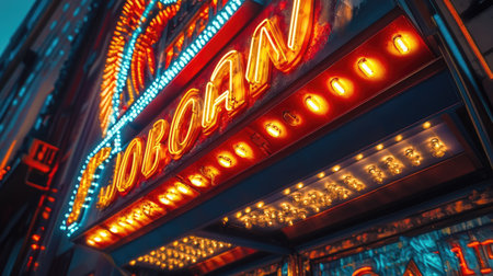A stunning close-up of a vibrant neon sign illuminating city streets at dusk. This image captures the lively atmosphere and colorful lights typical of urban nightlife.の素材