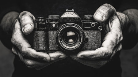 A striking black and white image capturing the essence of photography, featuring hands gripping a vintage camera, embodying the beauty of art and dedication.の素材