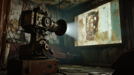 An evocative image of a vintage film projector casting a beam of light onto a weathered wall adorned with art, illustrating the themes of nostalgia and decay in a forgotten space.の素材