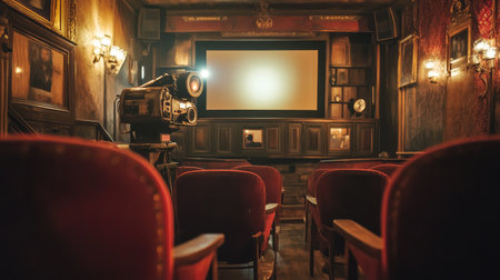 Step back in time with this vintage cinema interior featuring rich red velvet seating, an old film projector, and a captivating movie screen, perfect for evoking nostalgia.の素材