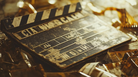 A worn film clapboard resting on a cluttered surface, capturing the essence of filmmaking nostalgia while showcasing the artistry involved in cinematic production.の素材