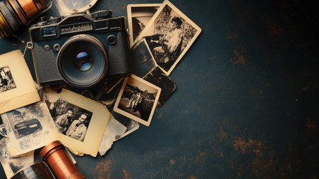 A vintage camera rests among old black and white photos, evoking a sense of nostalgia and historical significance in photography, perfect for creative or artistic projects.の素材