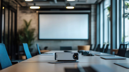 A modern conference room featuring a projector, empty chairs, and a large screen, designed for business presentations with a bright and minimalist aesthetic.の素材