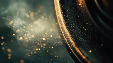 A mesmerizing abstract image featuring sparkling particles emanating from a circular metallic surface, evoking a sense of wonder and artistic creativity.の素材