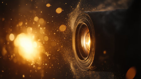 An artistic close-up view of a camera lens emanating a sparkling glow, surrounded by dynamic dust particles, creating a mesmerizing effect suitable for photography enthusiasts.の素材