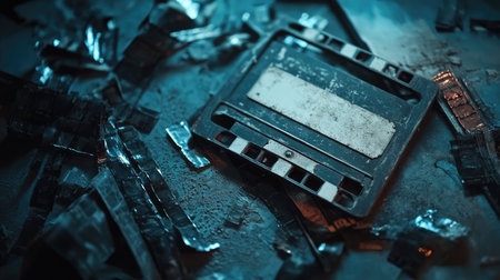 A vintage cassette tape surrounded by shattered film strips captures a mood of nostalgia and decay, emphasizing the remnants of past media in a dramatic, dimly lit setting.の素材
