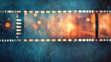 An abstract film strip background featuring blurred lights and a warm color palette, ideal for creative projects or graphic designs with a nostalgic touch.の素材