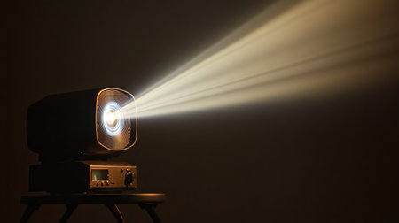 A vintage projector emits a stunning light beam in a dimly lit space, emphasizing creativity and atmosphere, perfect for film enthusiasts and artistic projects.の素材