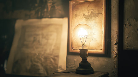 A vintage light bulb lights up a dimly lit room with antique paintings in the background, creating a warm, inviting atmosphere ideal for nostalgic settings. Perfect for art and decor themes.の素材