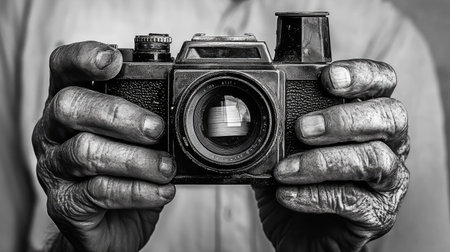 This black and white image showcases a vintage camera held by weathered hands, symbolizing a deep connection to the art of photography and the passage of time.の素材
