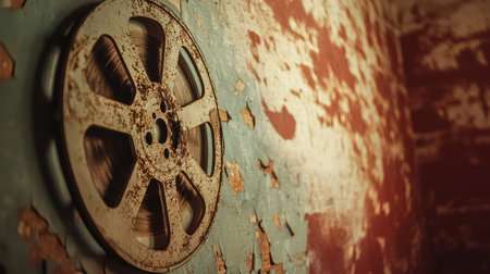 This image features a vintage film reel mounted on a rustic wall, showcasing textures of peeling paint that evoke a sense of nostalgia and artistic decay in the world of cinema.の素材
