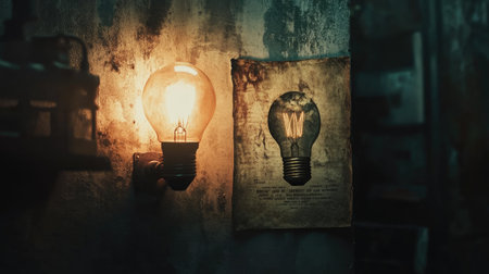 A vintage light bulb casts a warm glow against a textured wall, accompanied by a unique paper print of an Edison-style bulb, creating a captivating atmosphere.の素材