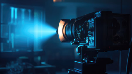 A vintage film projector stands prominently in a dim room, casting a vibrant blue beam of light, creating a nostalgic atmosphere perfect for artistic photography or film themes.の素材