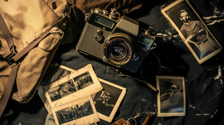 A vintage camera sits on a textured fabric surface, surrounded by old photographs, evoking a sense of nostalgia and rich history in film photography.の素材