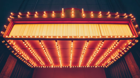 Captivating vintage theater marquee featuring bright illuminated bulbs and an empty space ready for upcoming show announcements, evoking nostalgia and creativity in entertainment.の素材