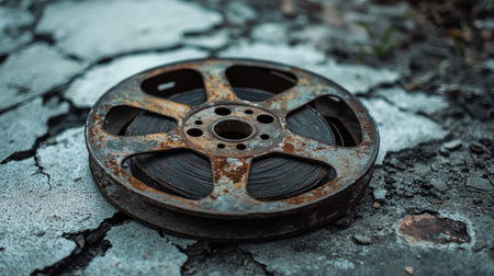 A close-up of a vintage film reel, displaying rust and wear, resting on cracked ground. This image beautifully captures the essence of decay, nostalgia, and forgotten stories.の素材