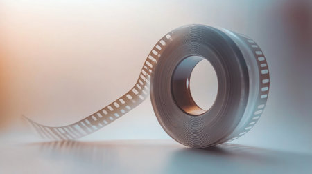 This artistic image showcases a film roll with soft light and a blurred background, embodying the beauty and nostalgia of traditional cinema and visual storytelling.の素材
