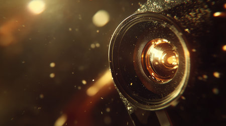 A mesmerizing close-up of a camera lens bathed in warm light, showcasing the intricate details and craftsmanship of photography equipment amidst shimmering dust particles.の素材