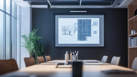 A modern conference room featuring a sleek design, an architectural blueprint displayed on the screen, and large windows for natural light, ideal for productive meetings.の素材