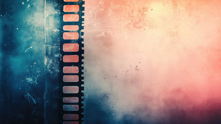 Explore a captivating artistic background featuring a vintage film strip alongside a colorful, abstract texture. Perfect for creative projects in photography and media design.の素材