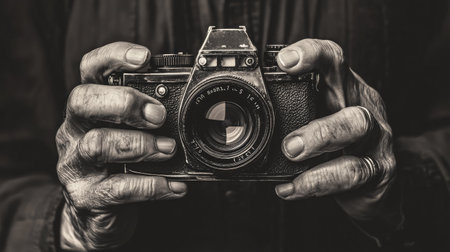 A black and white image of a vintage camera held tightly in the hands of a photographer, evoking passion and nostalgia for classic photography techniques and memories.の素材