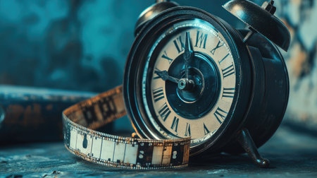 This artistic composition features a vintage clock alongside a film strip, beautifully capturing the essence of time and nostalgia in an immersive setup.の素材