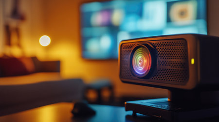 Enjoy a cozy atmosphere with a modern projector illuminating the screen, perfect for movie nights and entertainment in a stylish living room setting.の素材