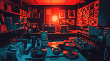 Explore a captivating vintage studio filled with audio equipment and tape collections, featuring moody lighting and a creative atmosphere ideal for music production.の素材