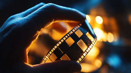 A hand delicately holds a strip of film against a warm, glowing backdrop, evoking nostalgia and the timeless beauty of photography and cinematography techniques.の素材