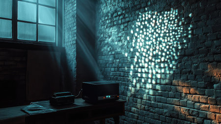 A vintage projector casts enchanting light patterns on textured brick walls, creating a serene atmosphere perfect for artistic expression and creative inspiration.の素材