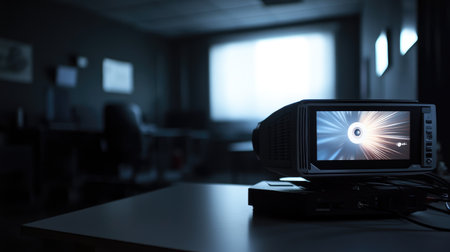 A vintage projector sits on a desk in a dimly lit office, casting light onto a screen. The scene captures a blend of nostalgia and modern technology, inspiring creativity.の素材