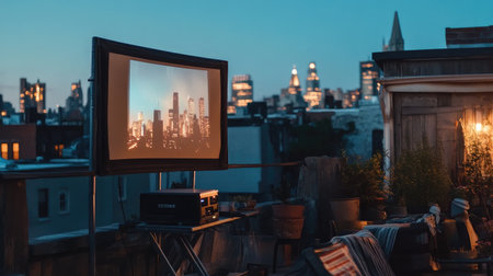 Experience a cozy rooftop movie night featuring an outdoor projector and stunning city skyline, creating a relaxed and enjoyable atmosphere for gatherings under the stars.の素材