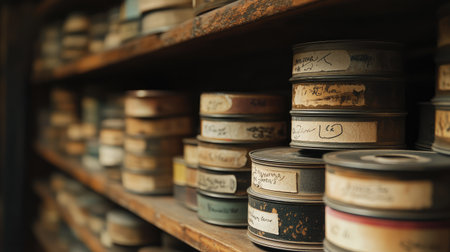 An intimate view of vintage film cans neatly arranged on a wooden shelf, showcasing the rich history and artistry of cinema with their unique labels and enduring charm.の素材